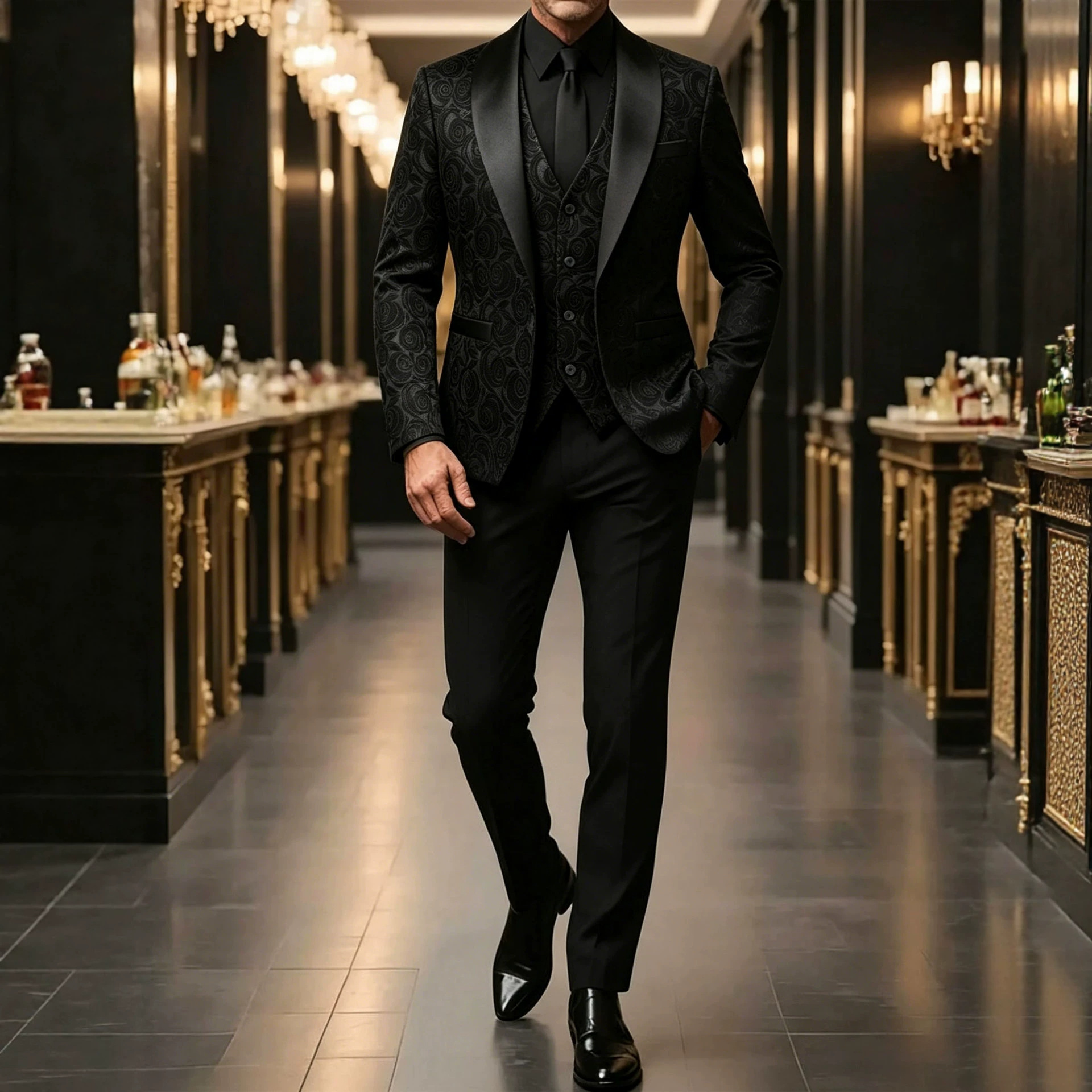 Men's Three Piece Suits Set Gentleman's Banquet Wear Jacquard Design Vest Jacket And Pants Ensemble_voghion.com