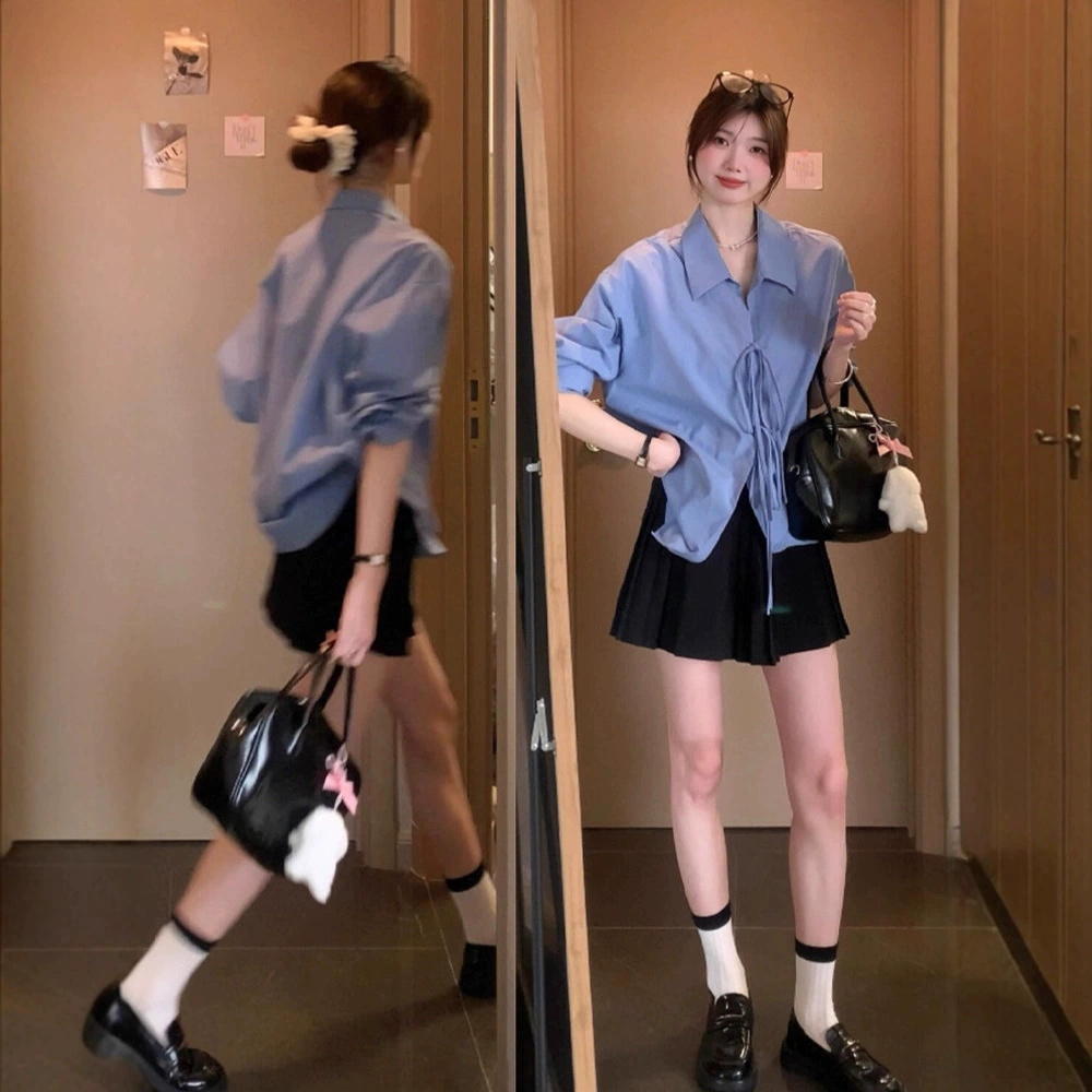 Летнее платье-рубашка французского синего цвета, новый стиль 2025 года, миниатюрный размер, женский летний костюм в корейском стиле, короткая юбка