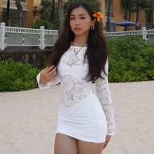 欧美女装2025秋季新款时尚性感纯色蕾丝透视性感高腰包臀连衣裙女