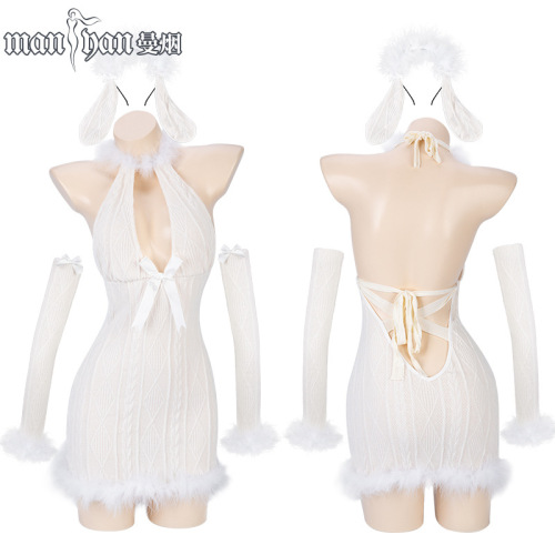 Manyan sexy lingerie sexy halterneck deep V plush strap sheep dress uniform suit dropshipping 9753