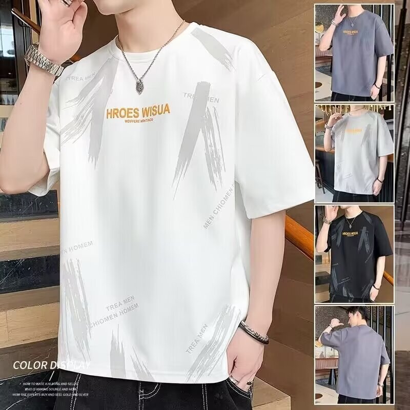 Short-Sleeved T-Shirt Summer Men's Youth Student Pullover Printed Round Neck Large Size Cheap Half-Sleeved Clothes Bottoming Shirt
