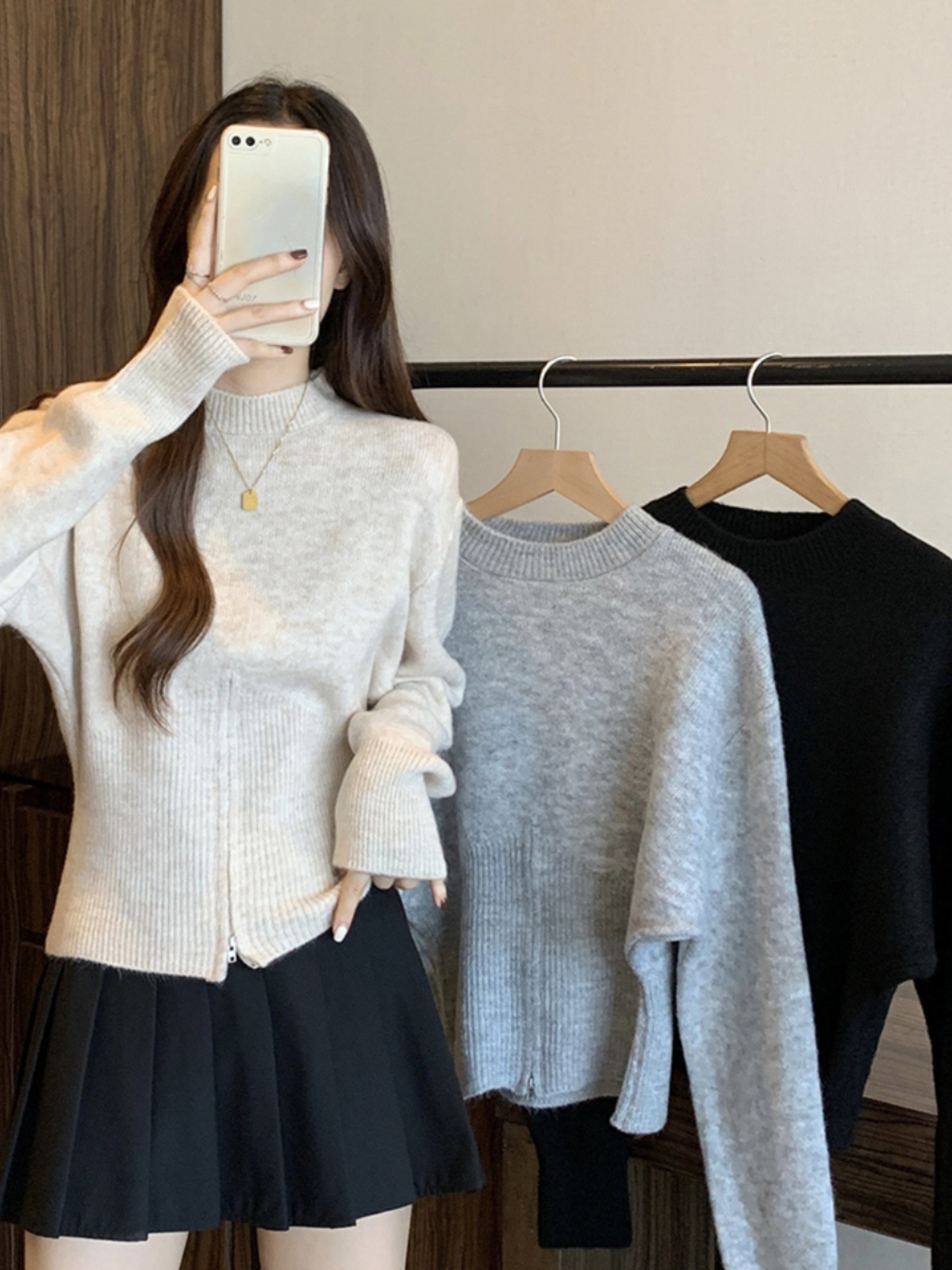 플러스 사이즈 통통녀 하프 하이 칼라 니트베이스 셔츠 여자 겨울 두꺼운 스웨터 내부 지퍼 불규칙한 쇼트 탑