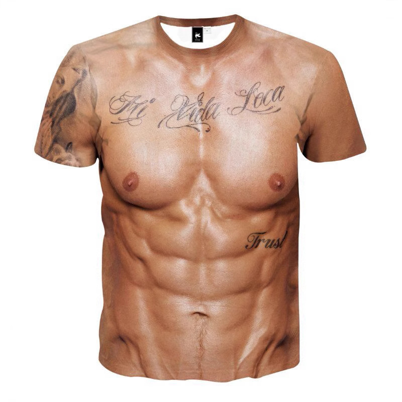 Cross-border Europe and the United States fake muscle abdominal muscle chest muscle tattoo 3D three-dimensional T-shirt short sleeve exotic base shirt clothes