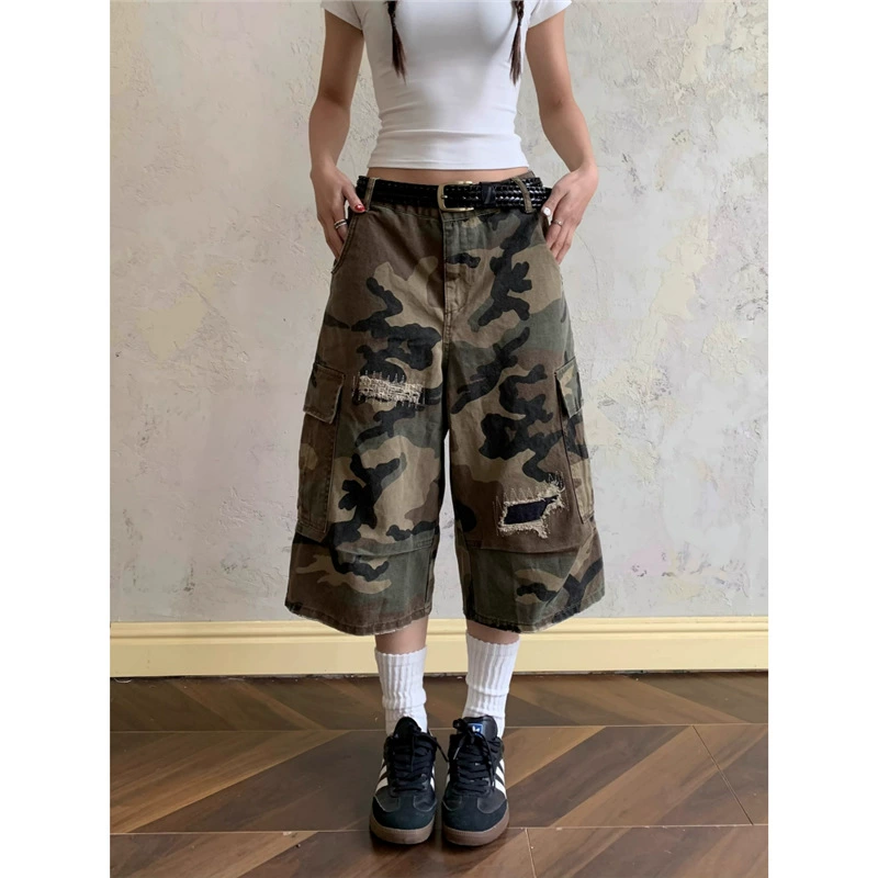 Американские ретро дырки патч камуфляж джинсовые шорты женские дикие летние тонкие свободные широкие брюки