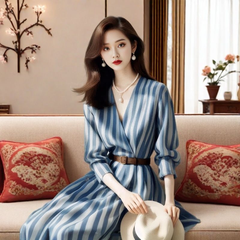 2025 spring and summer new women's clothing niche super good-looking v-neck waist blue striped long shirt dress