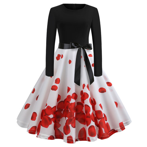 New retro dress, long-sleeved round neck, sexy digital printed dress, large discount