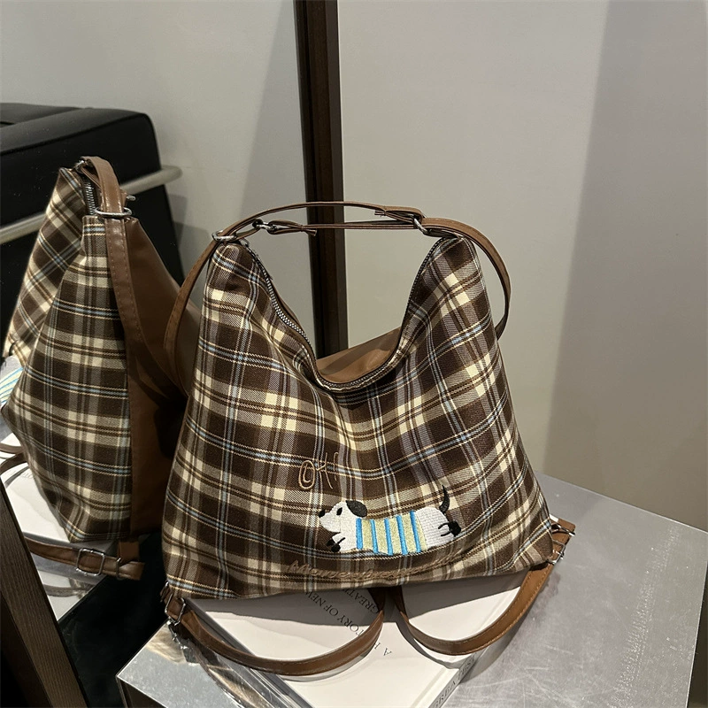 Capacious Convertible Shoulder Bag Backpack, Plaid Pattern with Embroidered Motif, Spacious