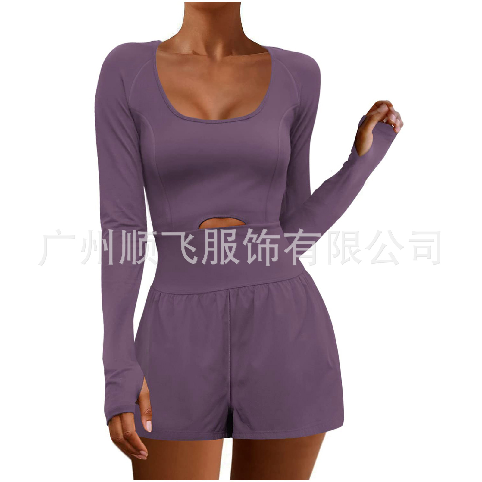 Transfronterizo europeo y americano sexy Hollow deportes ropa de mujer Amazon cintura-apretado moda manga larga al aire libre color sólido bolsillo mono