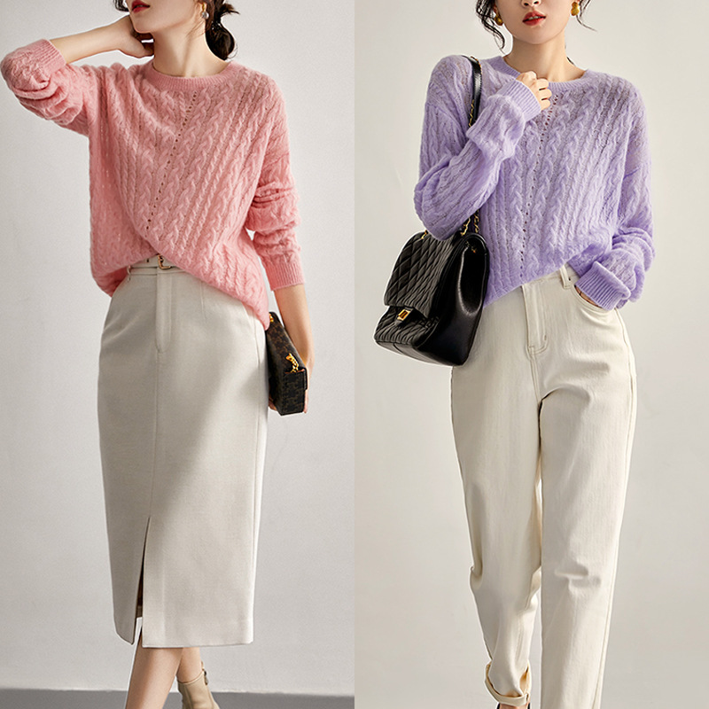 Solid color fluffy air-feeling cashmere bottoming shirt Women's mulberry silk low round neck loose long sleeve pullover sweater women Solid color fluffy air-feeling cashmere bottoming shirt Women's mulberry silk low round neck loose long sleeve pullover sweater women