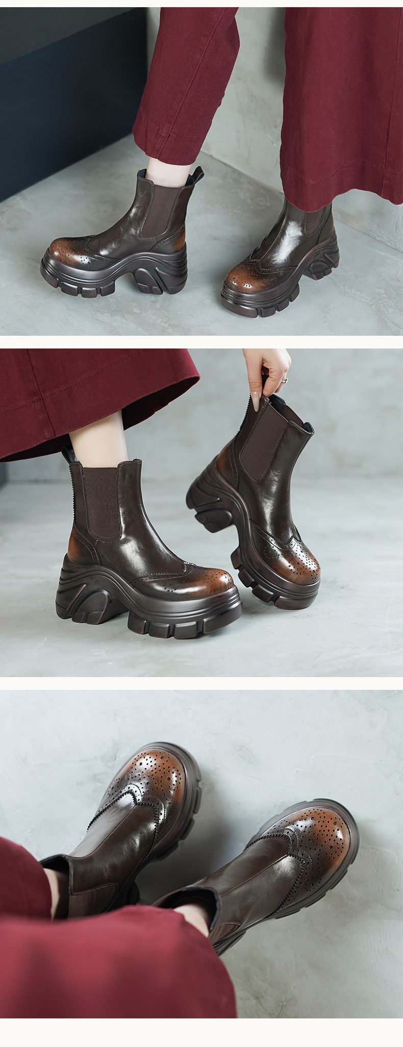 Giày boot Chelsea nữ cổ ngắn đế dày mũi tròn màu nâu cổ điển — Lớp lót nhung đen, Nhung nâu, Lớp lót đơn màu đen, Lớp lót đơn màu nâu chi tiết 4