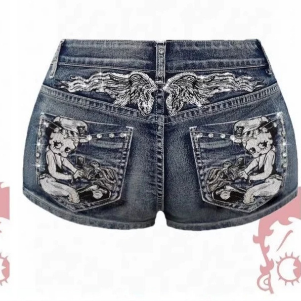 Betty Cartoon Embroidered Rhinestone Denim Shorts for Women, Light Blue Hot Girl Jeans, Wholesale from Source Factory in Stock