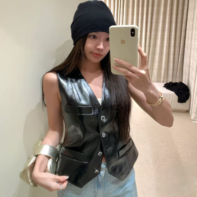 2025 Autumn Heavy Craft Lambskin Slim Fit Vest Jacket + Stand Collar Long Sleeve Single-Breasted Short Coat Leather Jacket