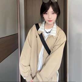 韩系初秋夹克外套女春秋新款小个子美式工装立领卡其色棒球服上衣
