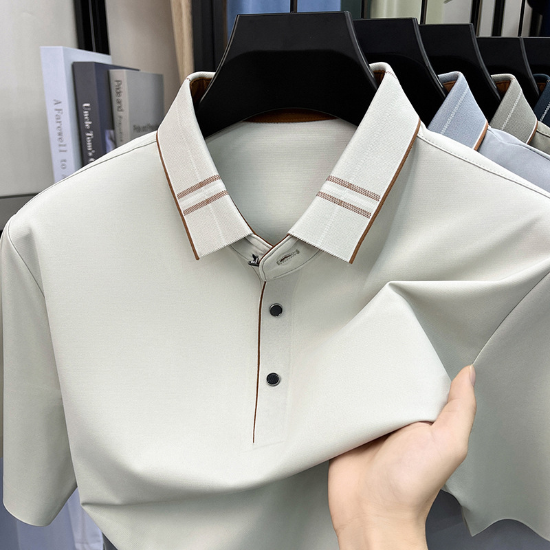 Summer Seamless Short-Sleeved T-Shirt for Men, New Style with Mulberry Silk Lapels, Middle-Aged Casual Trendy Fashion Polo Shirt