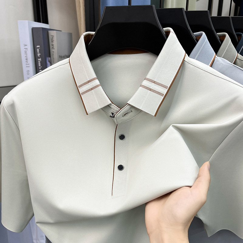 Summer Seamless Short-Sleeved T-Shirt for Men, New Style with Mulberry Silk Lapels, Middle-Aged Casual Trendy Fashion Polo Shirt Summer Seamless Short-Sleeved T-Shirt for Men, New Style with Mulberry Silk Lapels, Middle-Aged Casual Trendy Fashion Polo Shirt