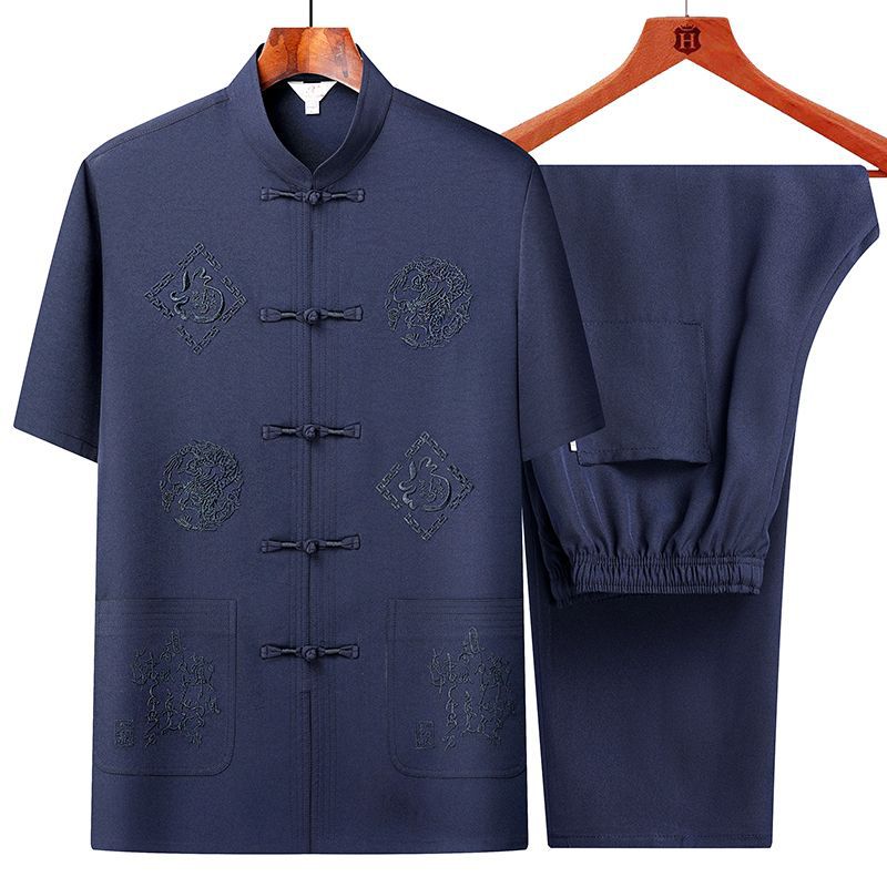 Middle-aged and Elderly Tang Suit Men's Short-sleeved suit Summer Chinese Style Hanfu Men's Dad Shirt Old Man Grandpa Clothes