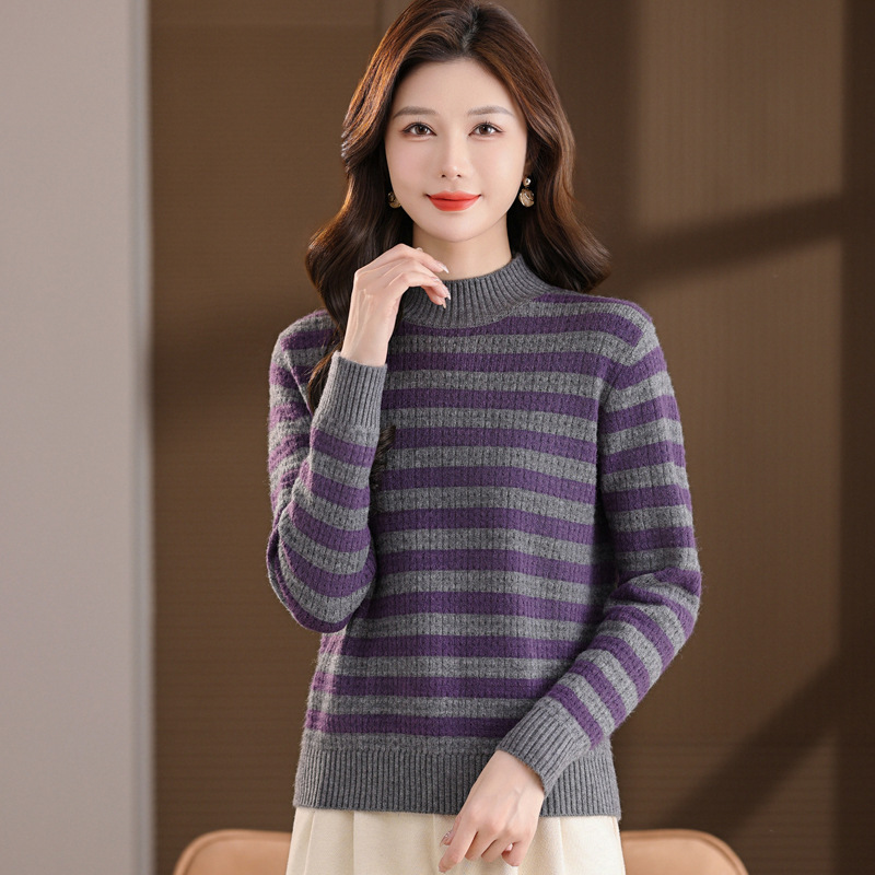 大码复古高领毛衣外套秋冬新款洋气内搭上衣条纹针织衫宽松打底衫，女装针织衫/毛衣，妃慕昵服饰