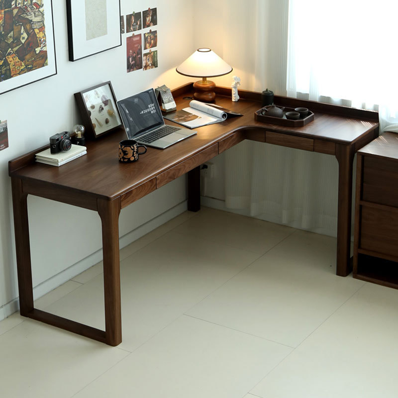 North American Black Walnut Corner Desk Pure Solid Wood Custom Oak Computer Desk L-Shaped with Drawer Corner Bay Window