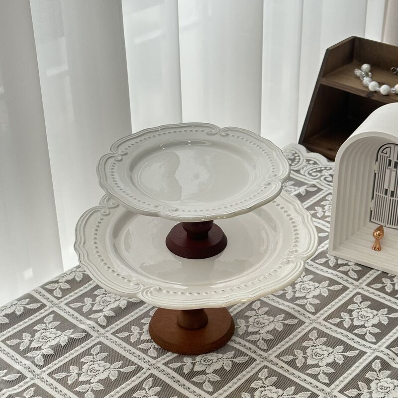 French Lace Ceramic Tall Plate Cake Plate Ins Style Round Afternoon Tea Dessert Snack Plate Display Plate Direct Sale