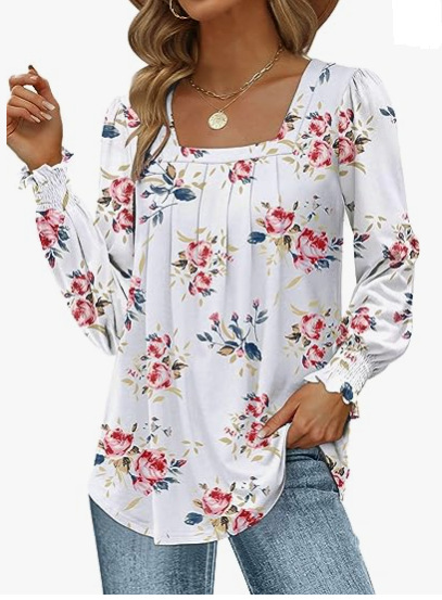 European and American cross-border Amazon 2023 autumn new women's long-sleeved shirt square collar front pleated casual printed top