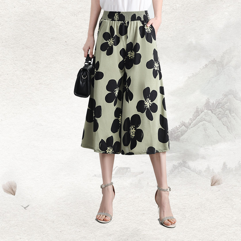 Middle-Aged and Elderly Women's Summer Thin Cropped Pants, Mom's Elastic High-Waisted Wide-Leg Pants, Loose Floral Skirt Pants, Casual
