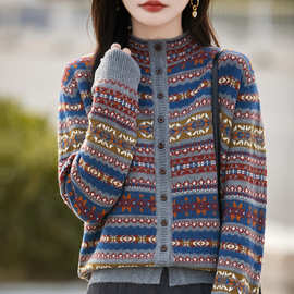 秋冬新款浣熊绒半高领针织开衫女毛衣外套费尔岛提花撞色外搭上衣