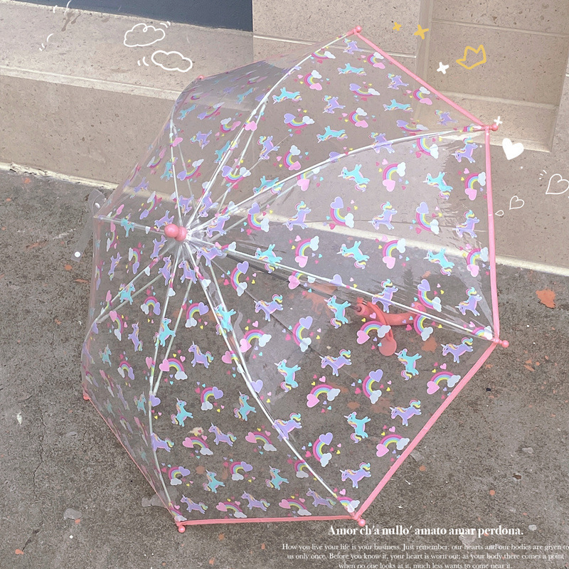 Pink Cute Unicorn Transparent Umbrella Children's Umbrella Primary School Girl Baby Kindergarten Small Umbrella Cartoon Automatic
