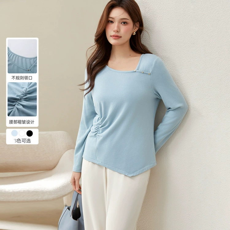 [Дизайн нерегулярный декольте, дикая тонкая футболка] Funny Show большой размер женский толстый mm2025 весенний новый