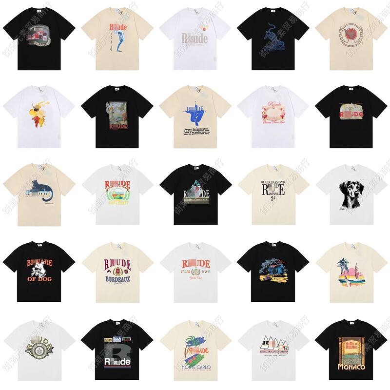 Cross-Border New Style Rhude Printed High-Quality Double Yarn Pure Cotton Casual High Street Loose-Fitting Unisex Short-Sleeve T-Shirt for Summer