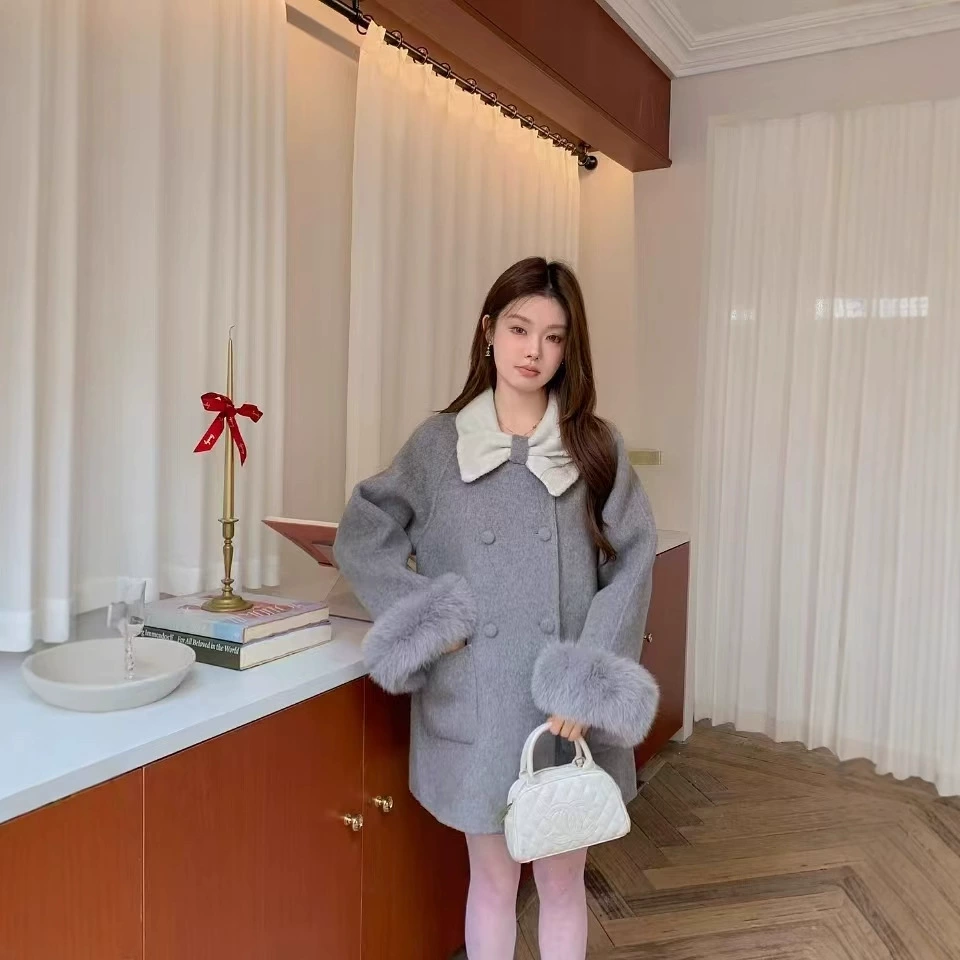 Европейский вокзал новый двухсторонний шерстяной пальто с бантом