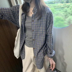 韩版蓝色格子长袖衬衫女春季2025新款慵懒风衬衣外套宽松显瘦上衣