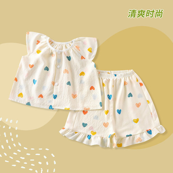 Girls' new pajamas summer thin short sleeve suit children's little girl foreign style baby cute home clothes wholesale