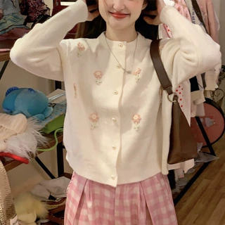秋冬新款立体花朵纯色针织毛衣女开衫韩系甜美温柔风软糯百搭外套
