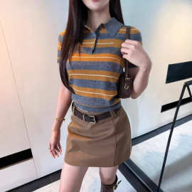 MU家时尚百搭撞色条纹拼色polo领上衣短袖女款高品质修身百搭短袖