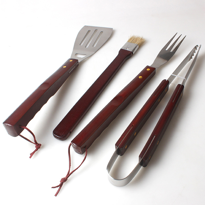 [Fuente de fábrica] de acero inoxidable barbacoa parrilla traje de tela bolsa mango de madera 4 piezas barbacoa herramienta barbacoa pala tenedor