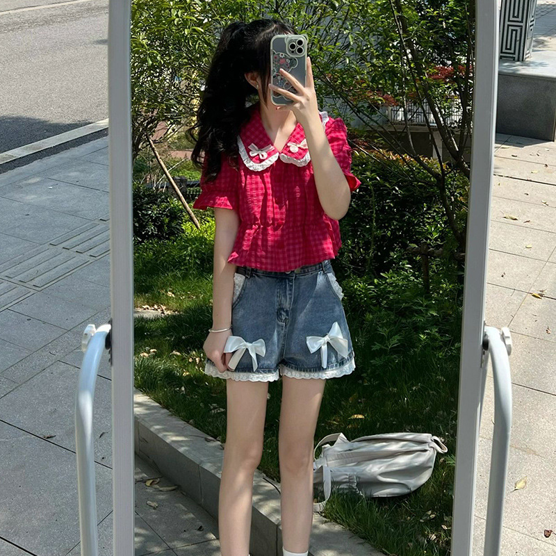 Japanese Style Soft Girl Cute Denim Shorts Women's Lace Stitching Short High Waist Slimming Wide Leg Pants for Summer