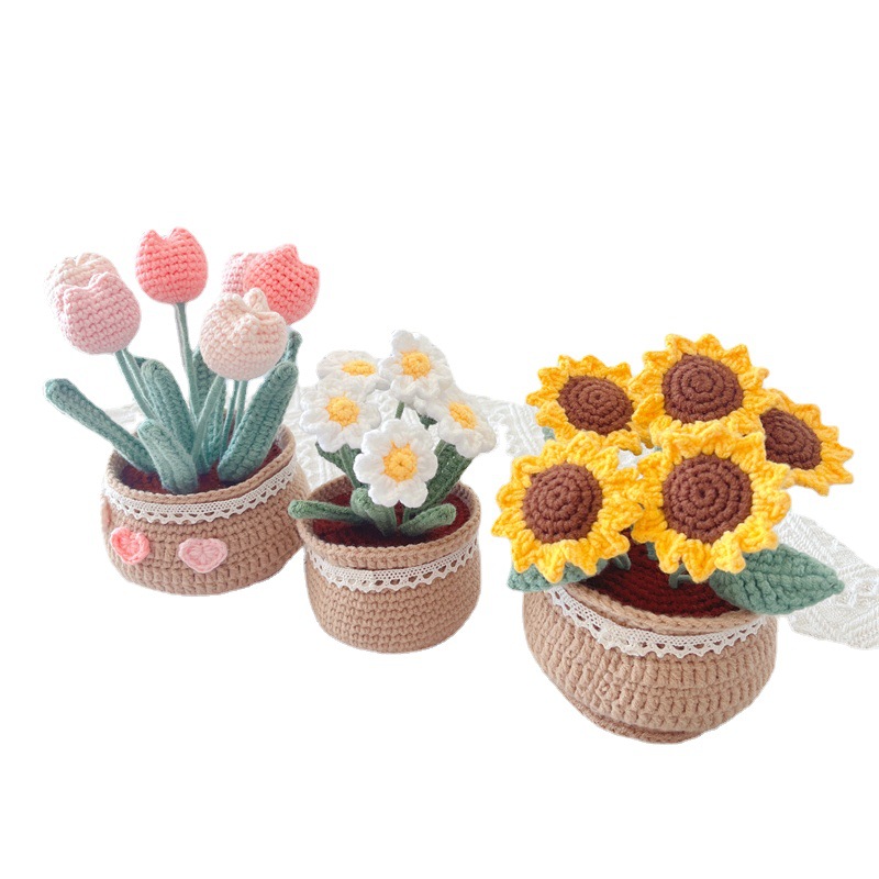 Paquete de material de ramo de lana de bricolaje tejido a mano, tulipanes, margaritas, flores de ganchillo en maceta, adornos caseros