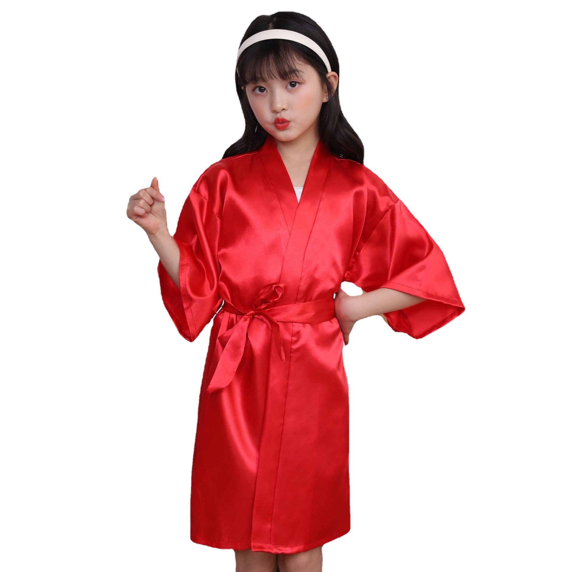 GraceChic GraceChic Children's Summer Nightgown New European And American Style Ice Silk Solid Color Mid-Length Girls' Satin Bathrobe_voghion.com