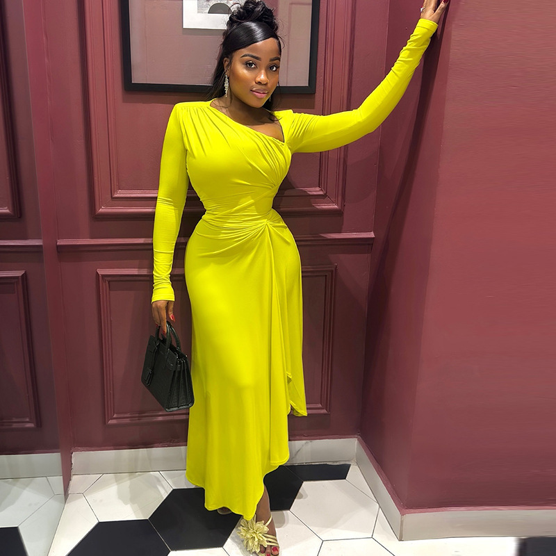 European and American foreign trade elegant temperament women's slim pleated irregular skirt solid color long sleeve slant collar long dress dress