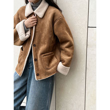 NS 复古风皮毛一体羊羔毛棉服翻领麂皮绒女2025冬季加厚外套3742