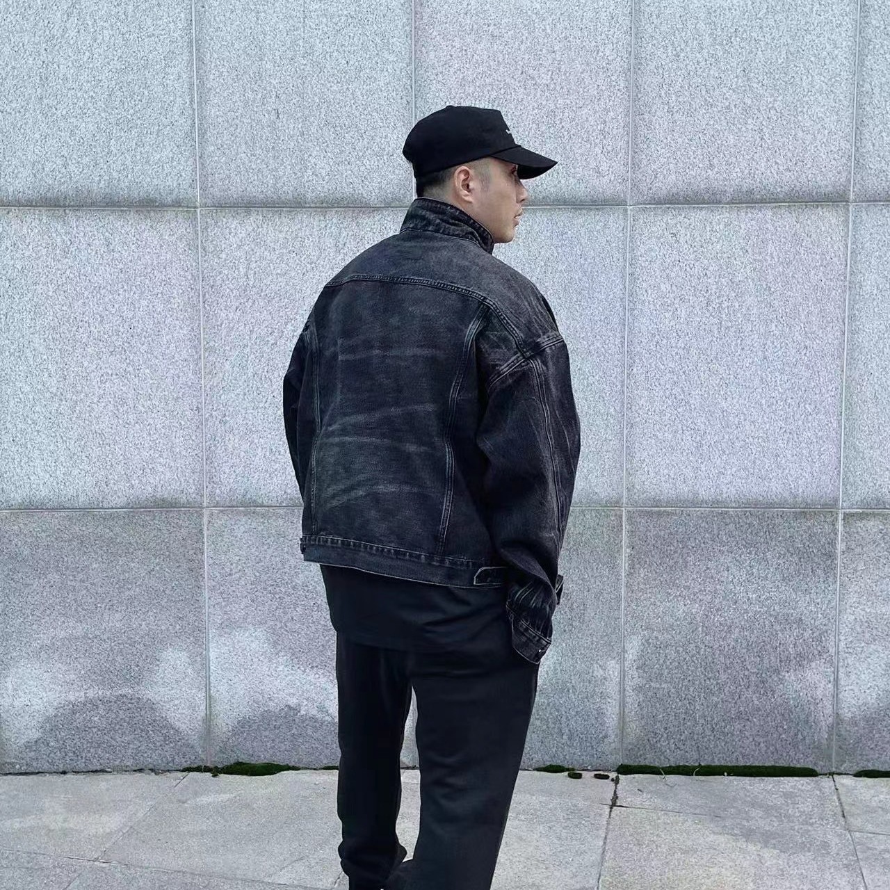 Men's Clothing trendy brand double line washed distressed black denim jacket men and women high street coat_voghion.com