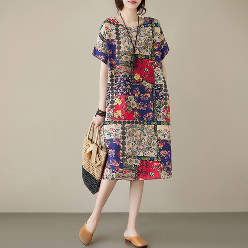 Floral Summer New Cotton Linen Retro Plus Size Loose Mother Slimming Dress Short Sleeve Dress Elegant