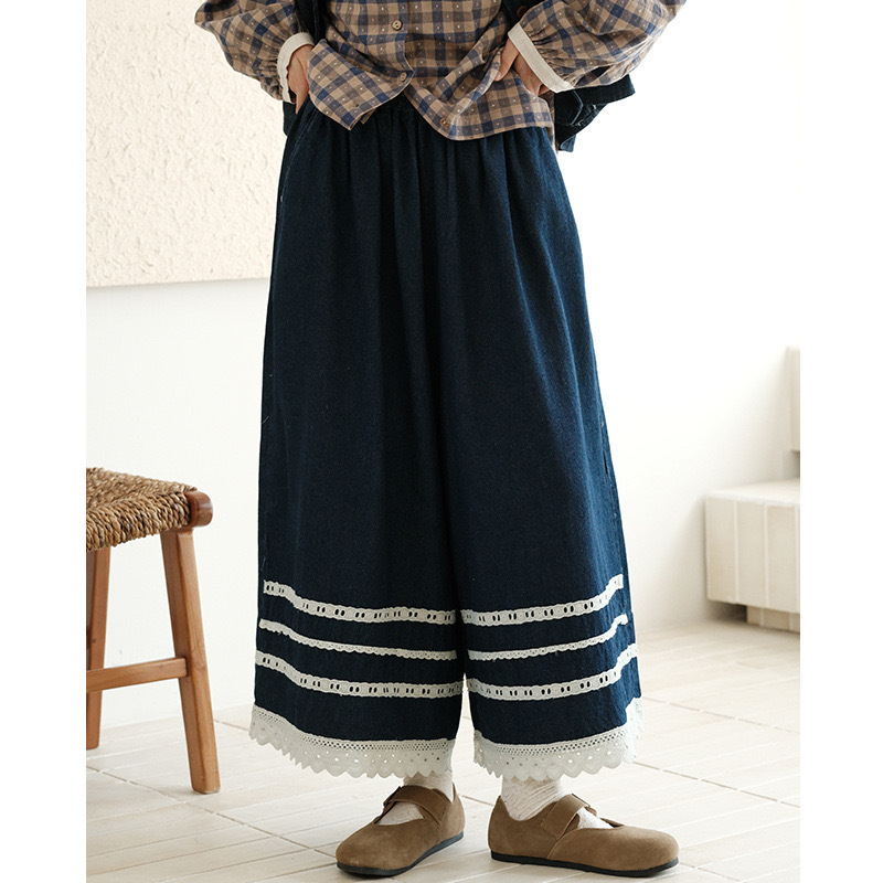 High Waist Wide Leg Jeans 2025 Spring New Mori Style Design Sense Lace Stitching Loose Cropped Pants Women's All-match