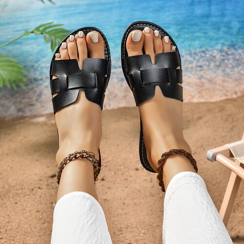 Women's Flat Sandals with Wide Fit, 2025 Summer New Round Toe Leather Patchwork Solid Color Slides for Women