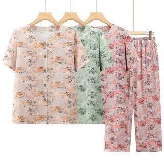 中老年女奶奶夏装棉绸套装老年人妈妈绵绸老人衣服上衣老太太短袖
