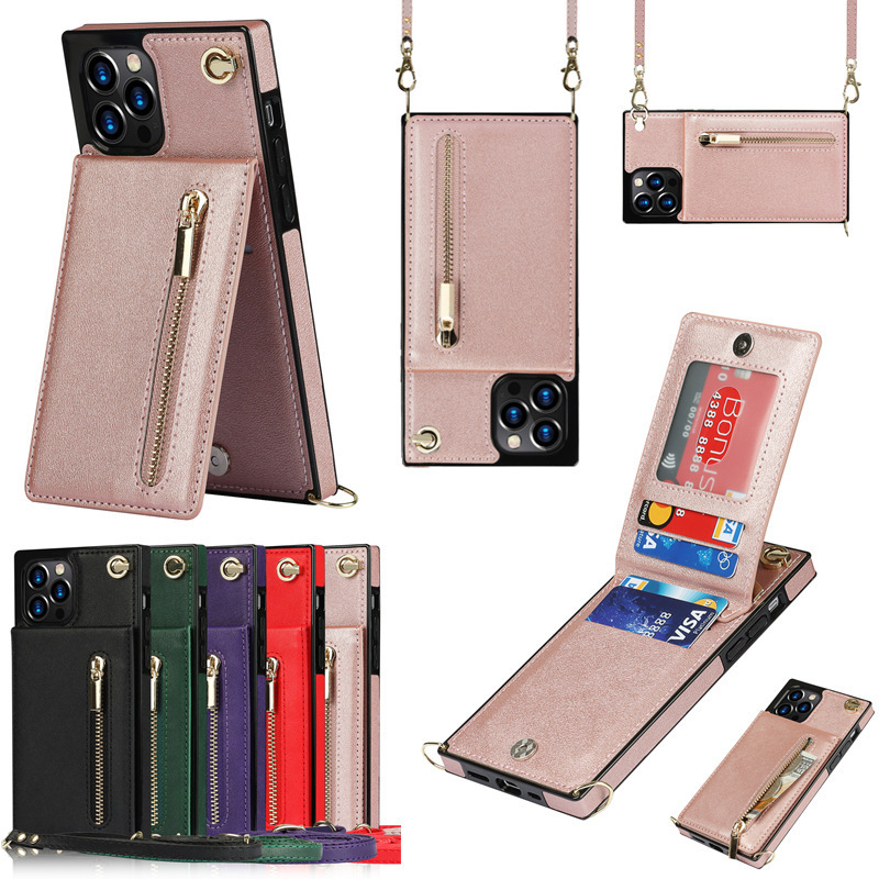 Suitable for iPhone16ProMax Crossbody Zipper Bracket Square Mobile Phone Case Apple 15 Card Bag Card Protection Case