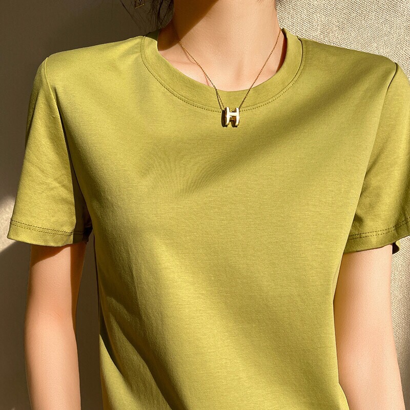 Round Neck V Neck Liquid Ammonia 80 Count Mercerized Cotton Short-Sleeved T-Shirt for Women Summer Slim Combed Cotton Ice Silk Bottoming Shirt Colorful