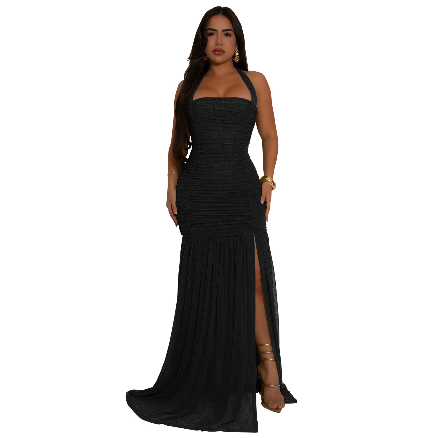 C7398 Cross-border AliExpress Amazon Ropa de mujer de moda europea y americana Vestido de color sólido sexy con hilo de red de verano