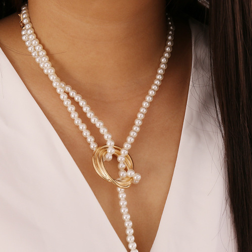 European and American cross-border jewelry retro pearl portrait disc geometric metal necklace bracelet set clavicle chain sweater chain