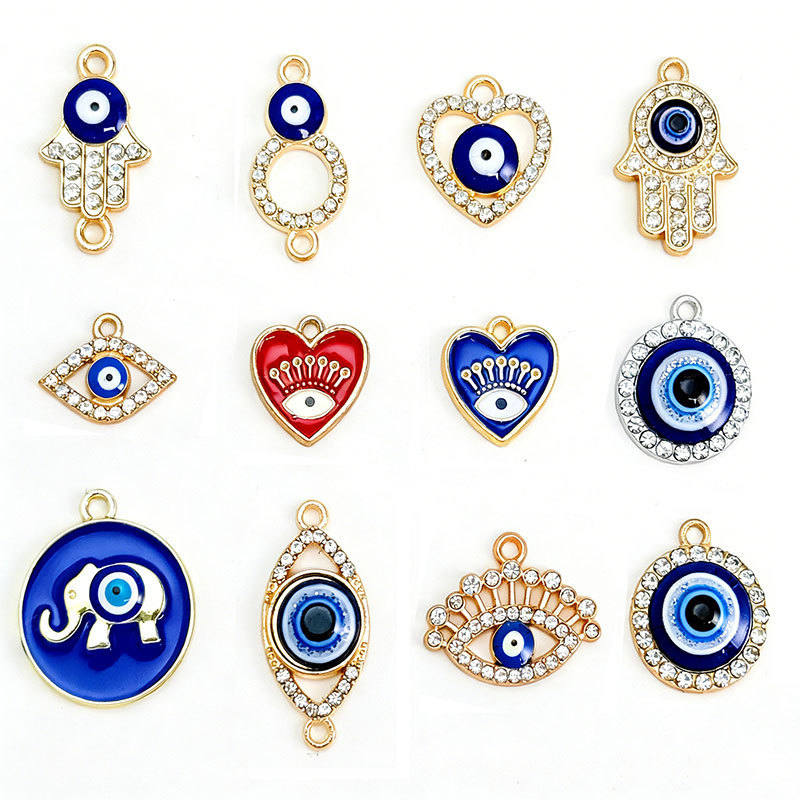 Cross-Border New Style Evil Eye Blue Eye Pendant Devil's Eye Heart DIY Diamond-Encrusted Alloy Jewelry Accessories